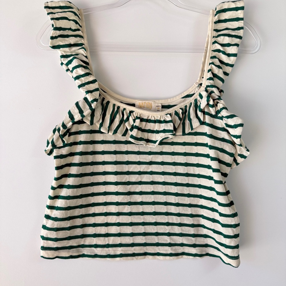 Nation LTD Rosa Stripe Ruffle Tank Top Womens M Green White Excellent 3126MJS